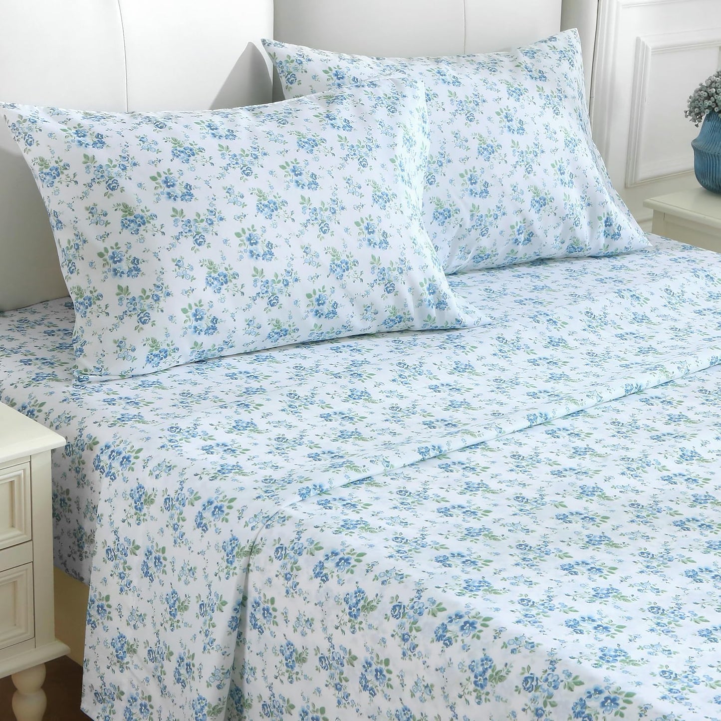 MUXHOMO Full Size 4 Piece Sheet Set, Soft Breathable Bed Sheet Set for Bedroom with Deep Pocket Up to 16", Wrinkle-Free & Cooling Bedding for Oeko-TEX Certified - Blossoms Light Blue
