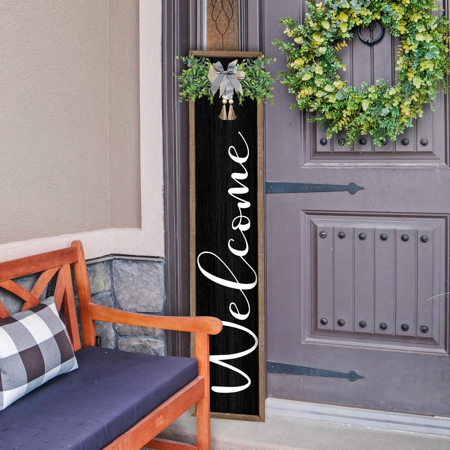 LuZhiQiang Front Porch for Welcome Standing Sign 45"X9" Vertical Tall Long Leaner Wood Framed Outdoor Front Door Sign Decor (Wood Black)