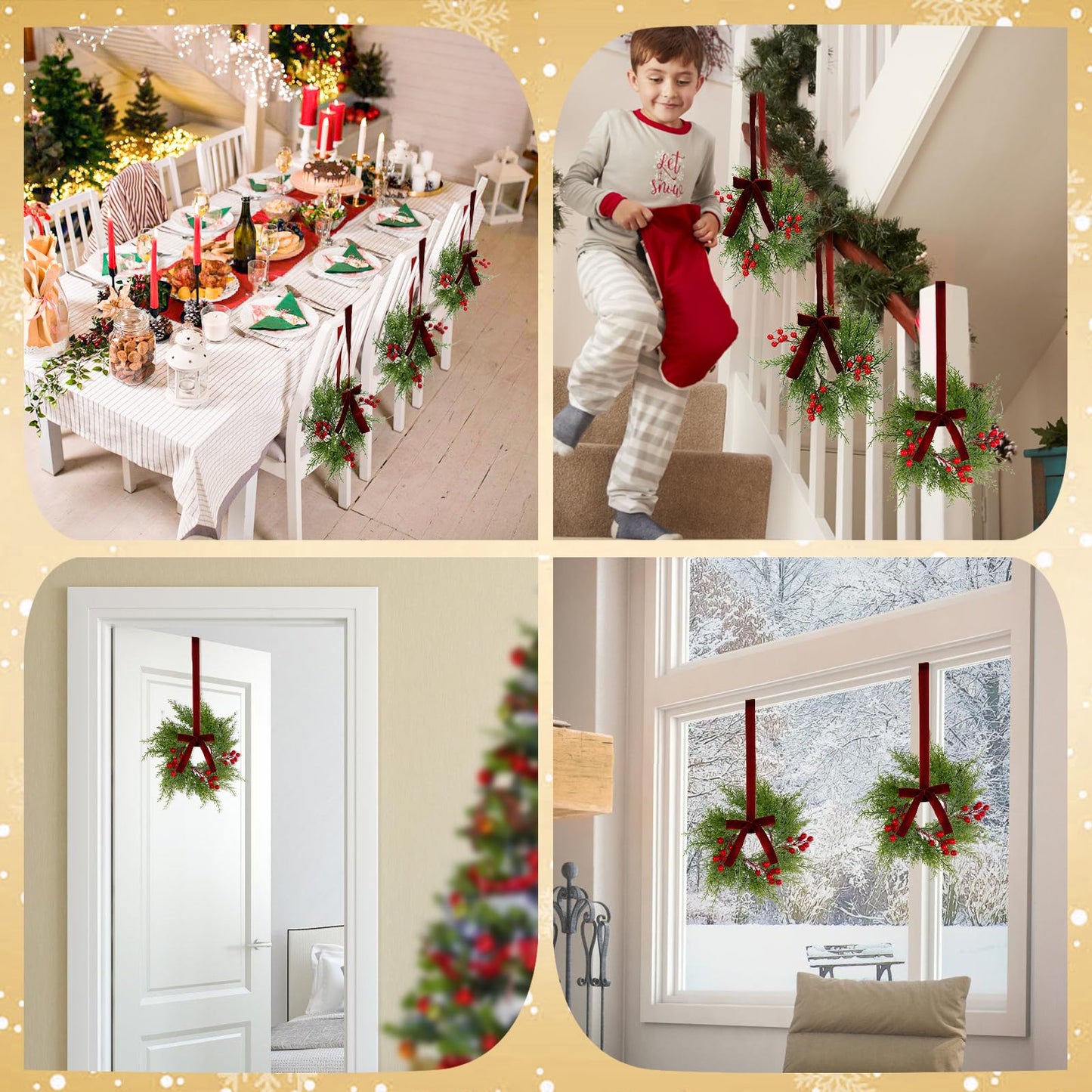 8Pcs Small Christmas Wreaths for Kitchen Cabinets - 9 Inch Mini Wreaths for Cabinets with Berry and Ribbon, Artificial Farmhouse Wreath Hanging Wreaths for Fireplace Front Door Chair Window Porch Wall