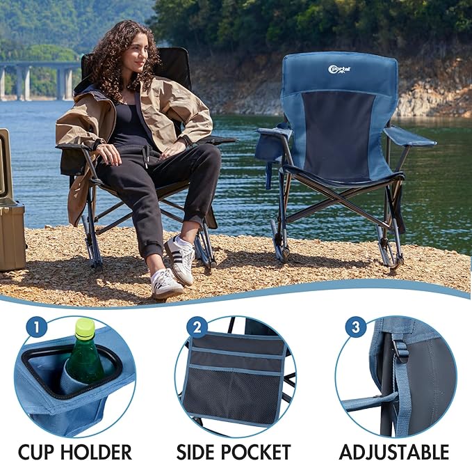 Portal Outdoor Rocking Chair Camping Folding Portable Rocker with Cup Holder Side Pocket Carry Bag, Support 350LBS (Midnight Blue)