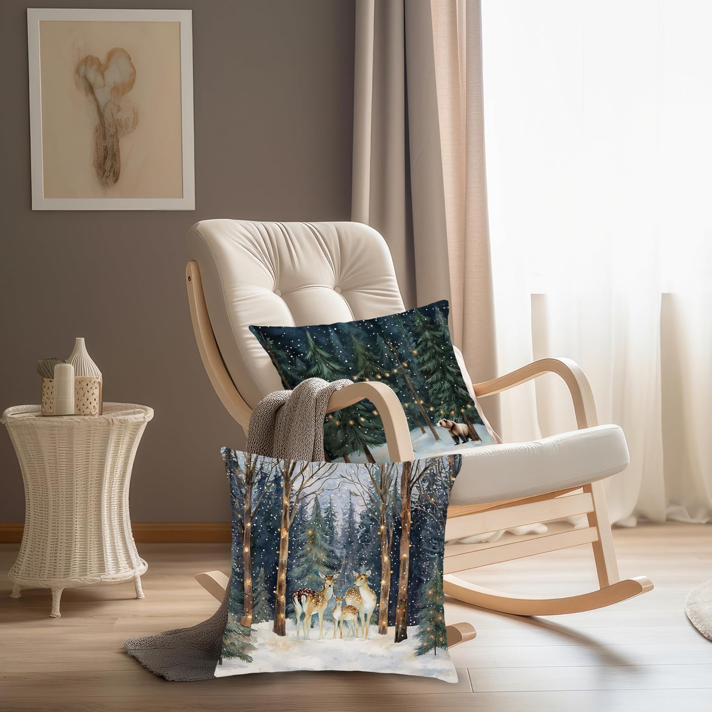 Nipil Christmas Winter Reindeer Squirrel Fox Bear Forest Pillow Covers 18x18 Set of 4,Rustic Christmas Xmas Animal Forest Winter Decorative Throw Pillow Covers for Home Bedroom Living Room