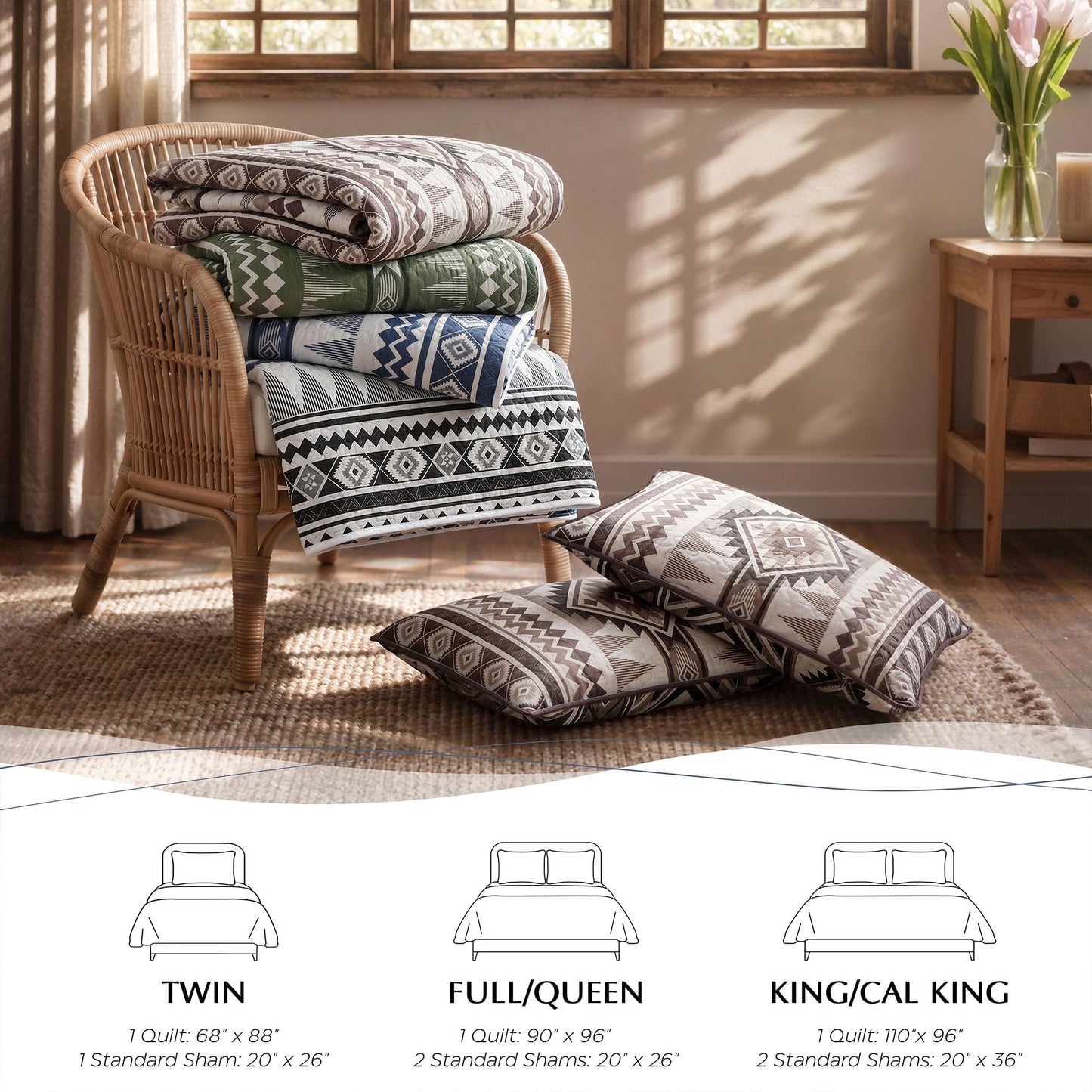 akkialla Reversible Black Boho Queen Quilt Set, 2-Piece Bohemian Aztec Microfiber Bedspread, Soft Lightweight All-Season Coverlet (1 Quilt, 2 Shams)