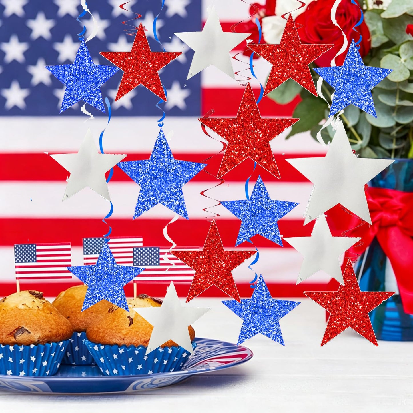 4th of July Decorations Red White Blue/Graduations Party Decorations Red Blue/Patriotic Hanging Star Streamers, Red White Blue Glitter Stars with Swirls, Memorial Day Veterans Day