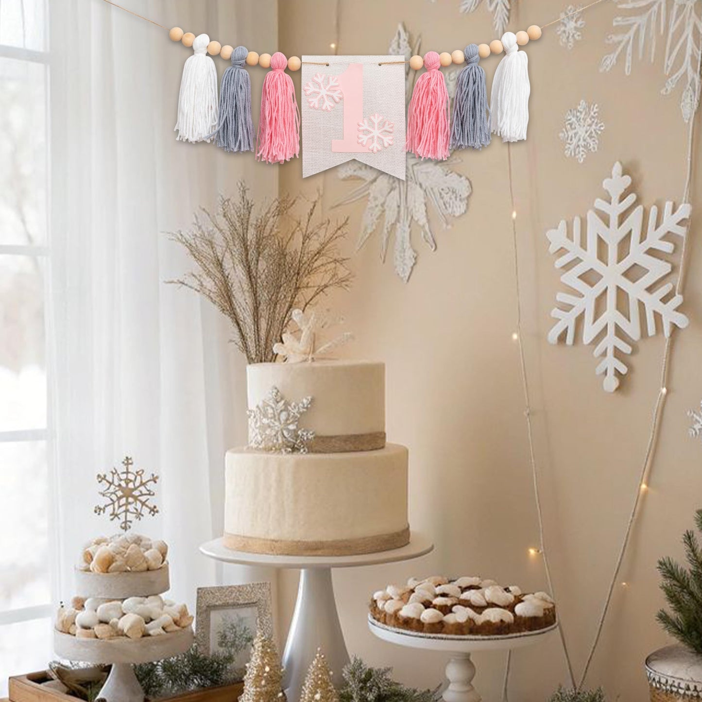 Upfirst Snowflake 1st Highchair Banner - Winter Wonderland First Birthday Decor, Snow Princess Theme Party Banner, Pink Gray White Tassels Snowflake Highchair Garland (Snowflakes Banner)