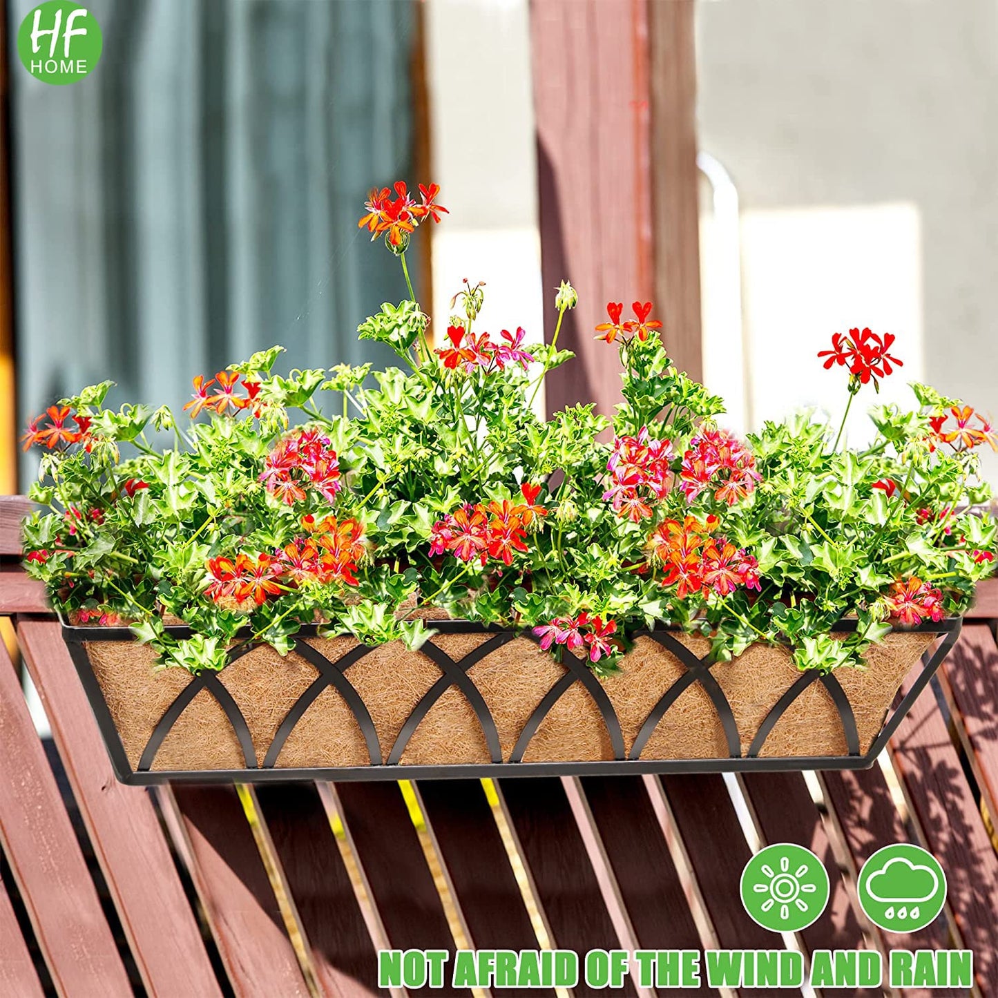 HFHOME 24 inch Railing Planter Box with Coco Liner, 24" Dia Window Box Trough with Coconut Coir Liners, Black Metal Hanging Flower Planter Basket for Indoor Outdoor Lawn - Set of 4