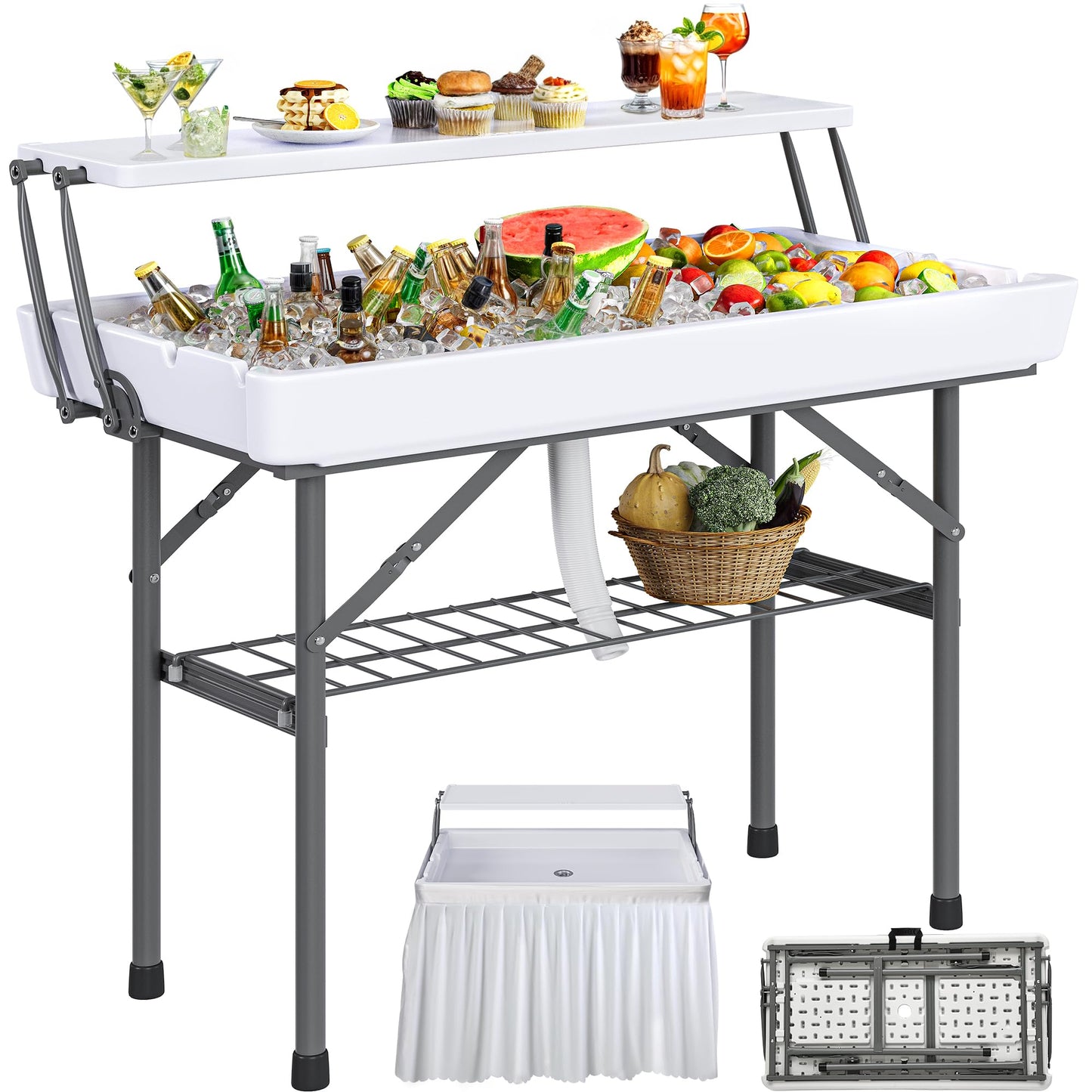 YITAHOME Two-Tier Ice Table, 4FT Folding Ice Cooler Table with Drain and Detachable Skirt, Portable Ice Table for Parties, Picnics, Camping, Weddings, BBQs