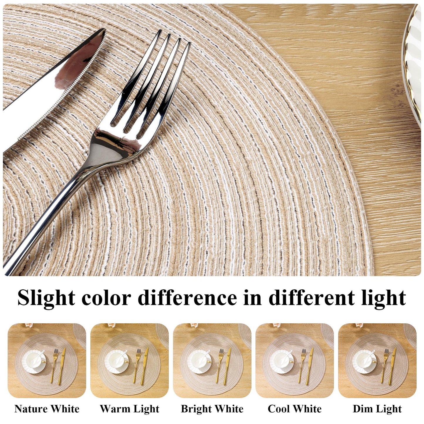 SHACOS 15 inch Round Braided Placemats Set of 6 Non Slip Heat Resistant Cotton Polyester Table Mats Washable Place Mats for Dinner Party Table Decoration (Beige, 6)