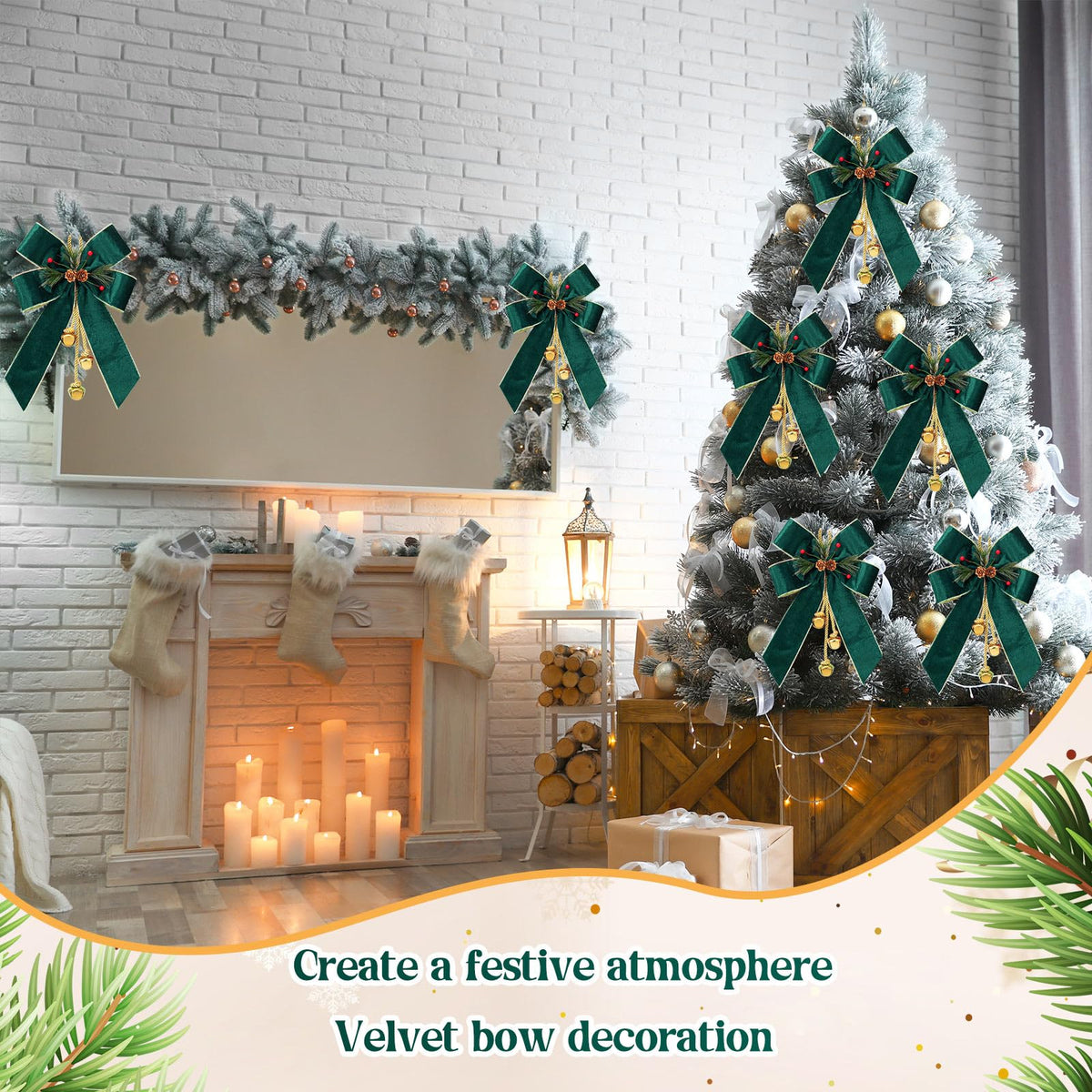 Yinkin 4 Pcs Christmas Tree Wreath Bow Christmas Ribbon Bows with Bells 11 x 7.8 in Velvet Pine Cone Bowknot Xmas Tree Hanging Ornaments Decor for Home Xmas Party Outdoor Indoor (Retro Green)