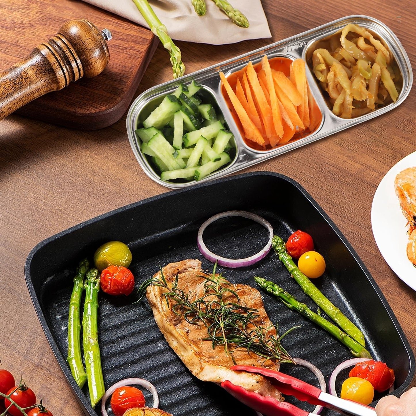 18 Pcs Soy Sauce Dishes, Stainless Steel Divided Dip Bowls, Korean 3-Compartment Sauce Plates for Home Restaurant BBQ, Vinegar, Spices, Ketchup, Salt, Sugar, and Flavors
