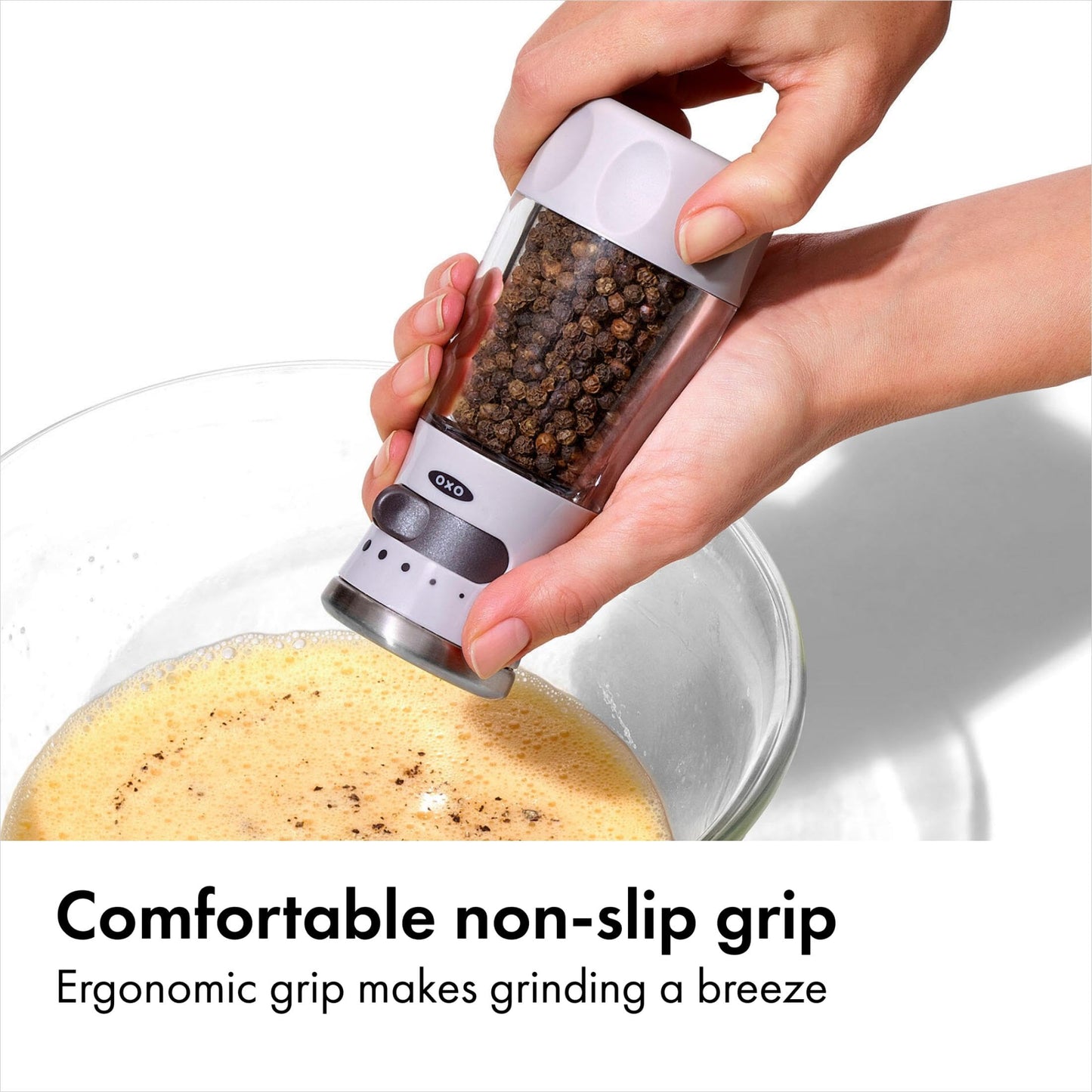 OXO Good Grips Contoured Mess-Free Pepper Grinder, Adjustable Ceramic Grinder with Five Settings, Black Pepper Mill for Home and Kitchen, Spice Tool and Kitchen Gadget
