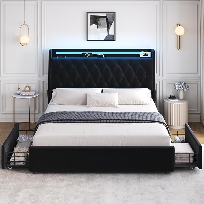 Full LED Velvet Bed Frame with 2 Storage Drawers&Hidden Headboard, Upholstered