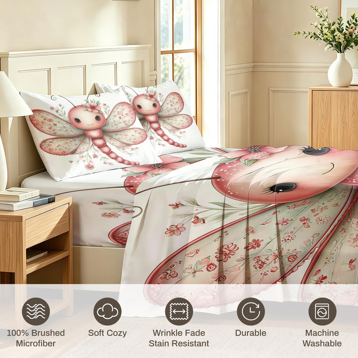 Cute Dragonfly King Bedding Set Girls Kawaii Sheet Sets