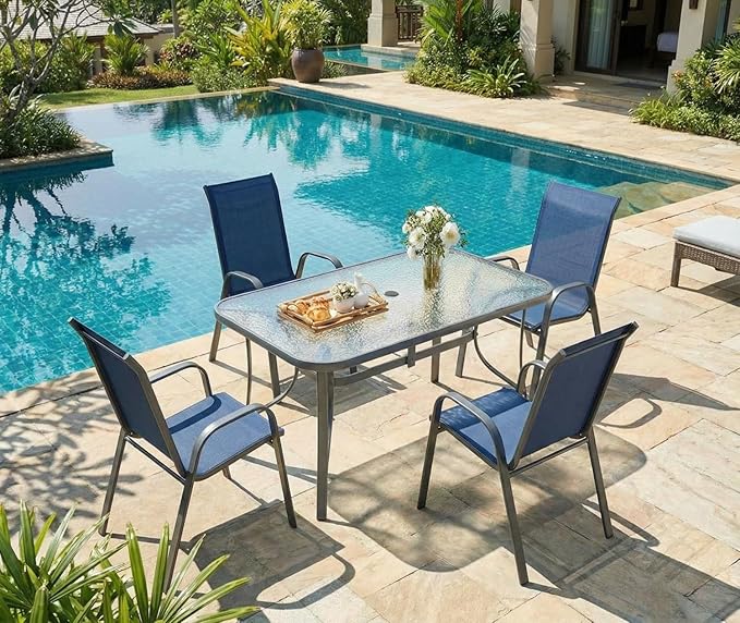 MAMIZO Patio Dining Chairs, Stackable All Weather Teslin Chair, Heavy Duty Outdoor Breathable Chairs Set, w/Armrests, Upgraded Chair FeetW/Strenthened Iron Spacers, 330 LBS (4, Navy Blue)