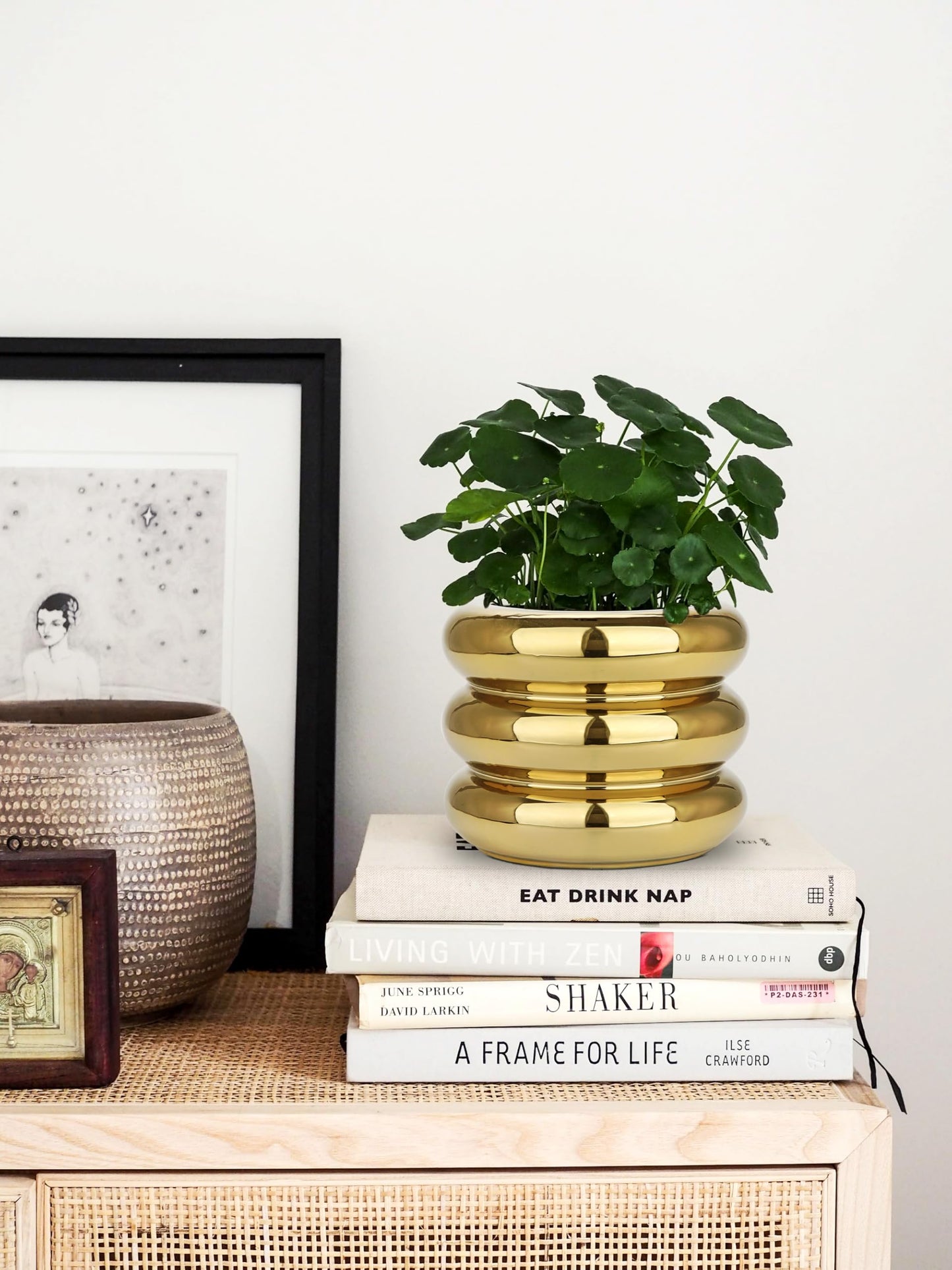 Briful Gold Ceramic Planter Pot with Drainage Hole 6in Polished Tiered Bubble Flower Planter Garden Pot for Indoor Plants Modern Home Office Decor
