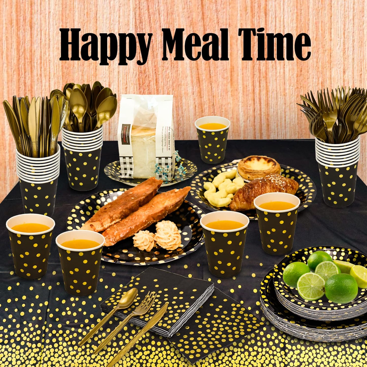 350 Pieces Gold Disposable Party Dinnerware Set &Golden Dot Disposable Party Dinnerware - Black Paper Plates Napkins Cups, Gold Plastic Forks Knives Spoons