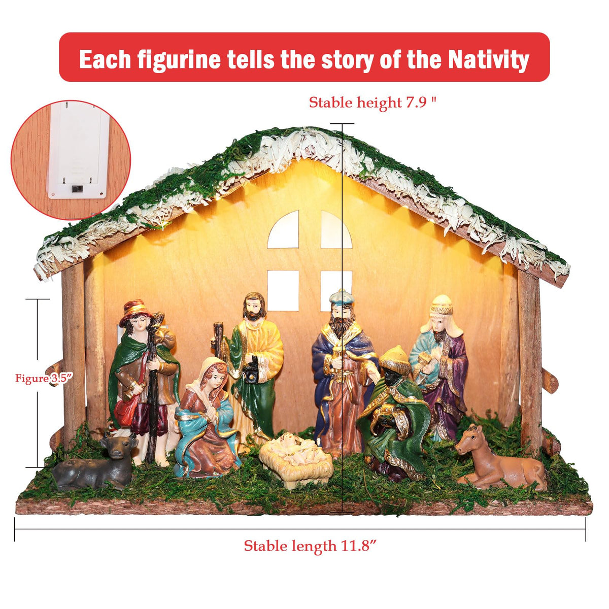PALZIK Lighted Christmas Nativity Set, Nativity Sets for Indoor with Wooden Stable, Nativity Scene Set & Figures for Christmas Decorations Indoor Tabletop Decorations