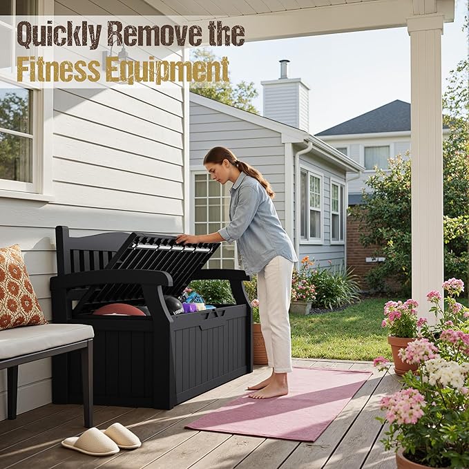 80-Gallon Outdoor Storage Bench, Waterproof Deck Box with Lockable Lid & Armrests for Patio, Garden, Pool, Black