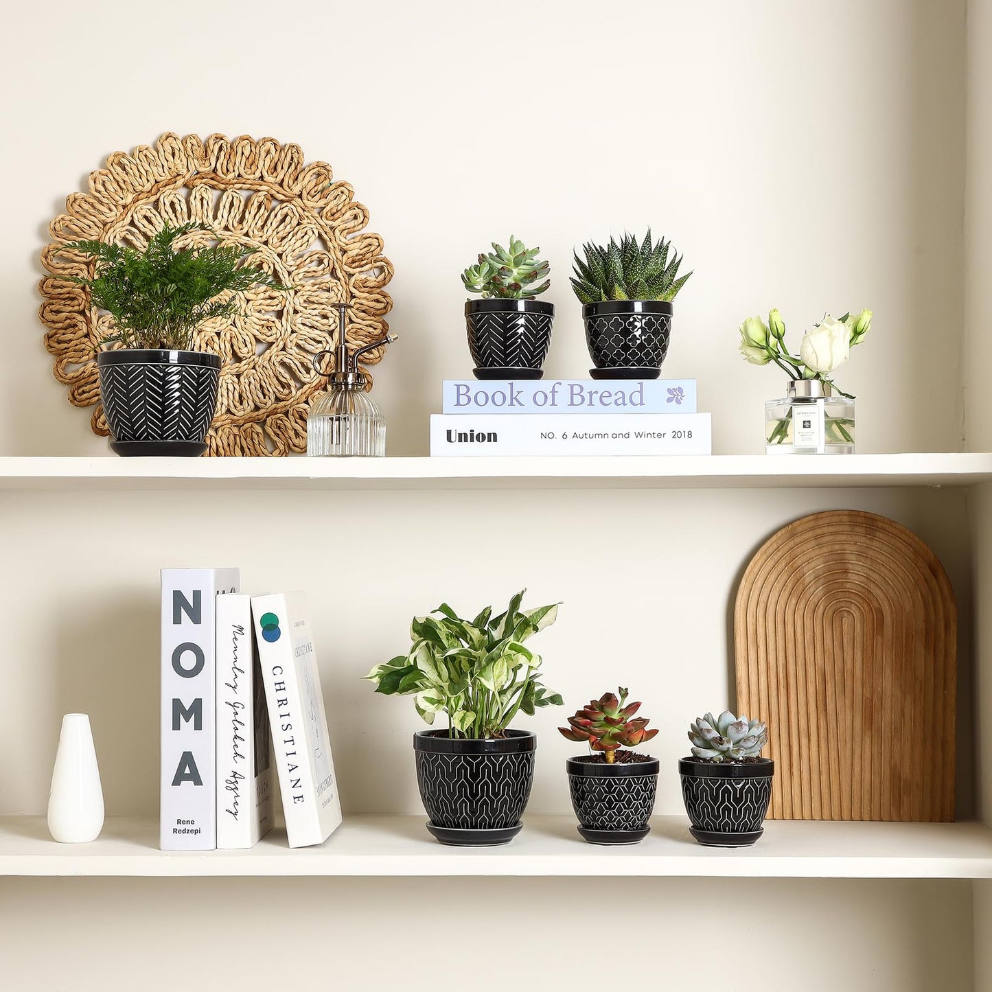 Sureasy Succulent Pots, 3.5 Inch Flower Pots for Indoor Plants, Small Plant Pots with Saucer & Drainage, Decorative Ceramic Planters for Succulent, Cactus, Set of 4, Black