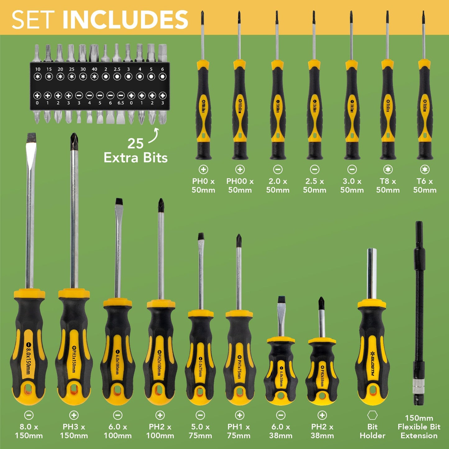 BLOSTM Premium Magnetic Screwdriver Set - 42pcs Screwdrivers with Magnetic Tips & Comfort Grip, Cross-Head, Flat Heads & Heavy Duty Storage Case - Precision Screwdriver Set - 42PCS