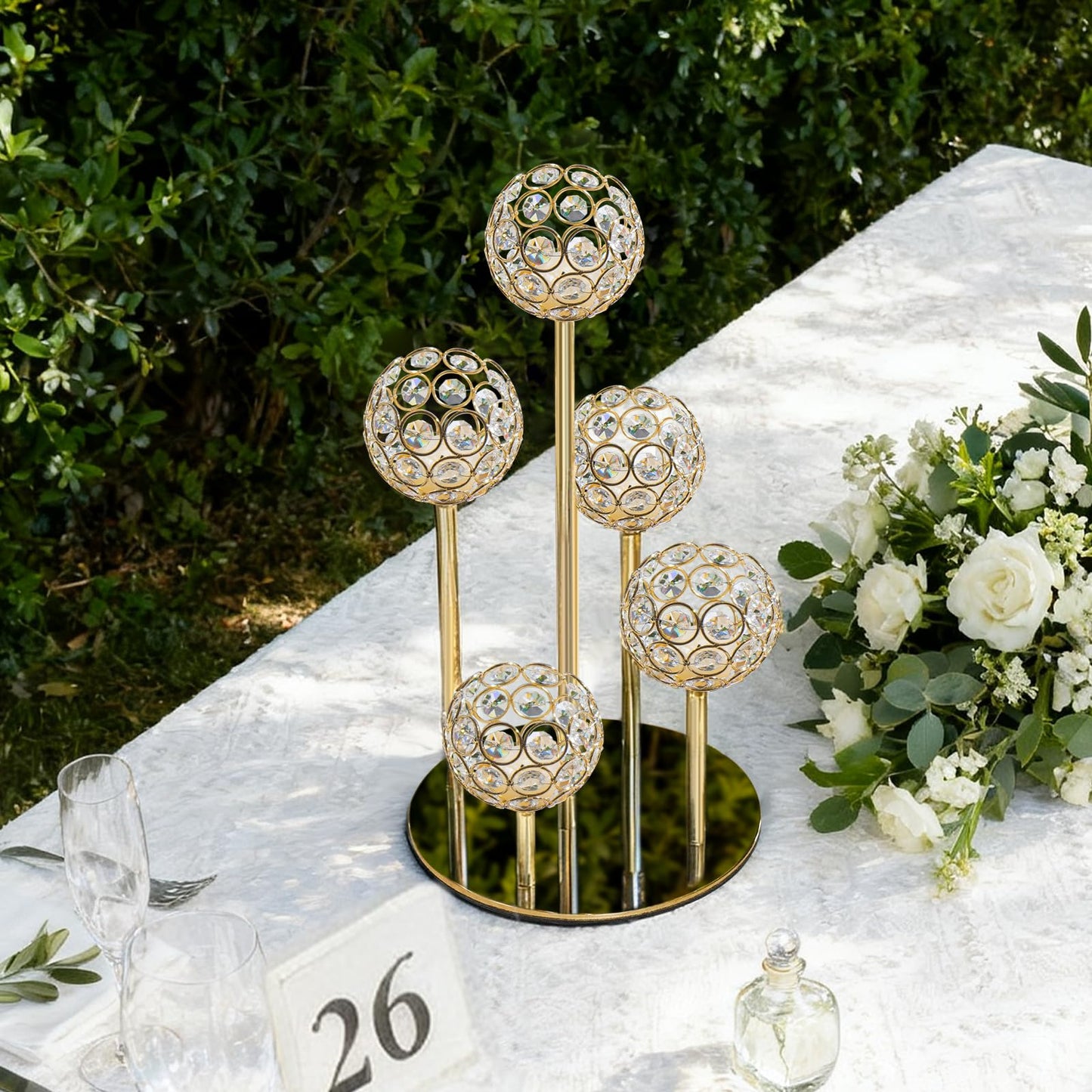 Kolnlala 5-Arm Crystal Tealight Candelabra Centerpiece, 14.8 Inch Metal Candle Holder for Table Decor, Wedding, Christmas, Party, Anniversary & Home Decoration (1, Gold, S-14.8 in)