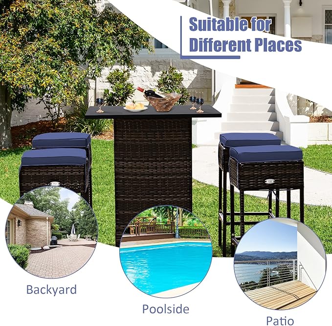 Tangkula 5 Piece Outdoor Rattan Bar Set, Patio Bar Furniture