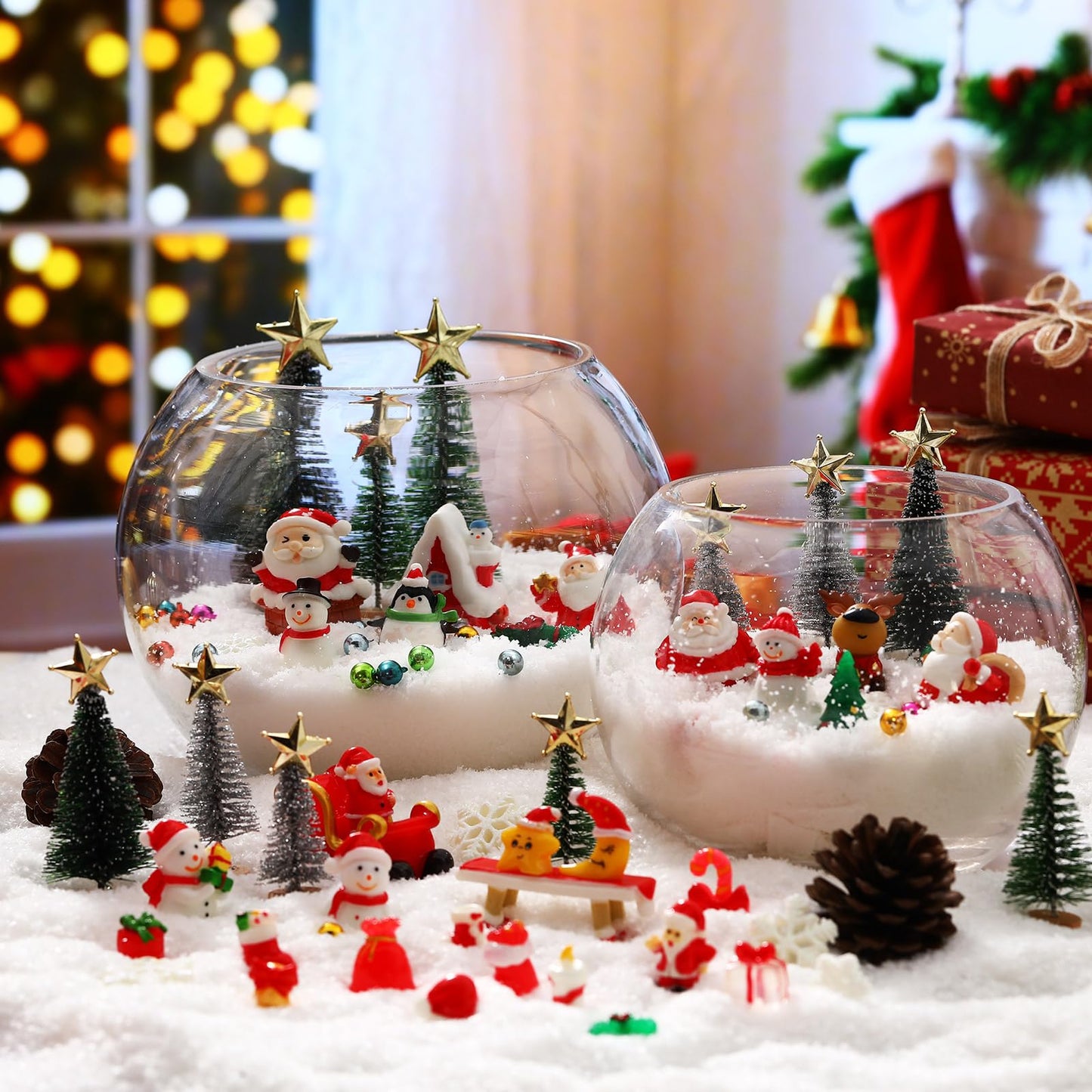 Roowest 96 Pcs Miniature Ornaments for Snow Globe Kit DIY Christmas Village Decoration Christmas Figurines Mini Ornaments with Snowman Reindeer Santa Claus Snowflake(Dark Green Light Green Silver)
