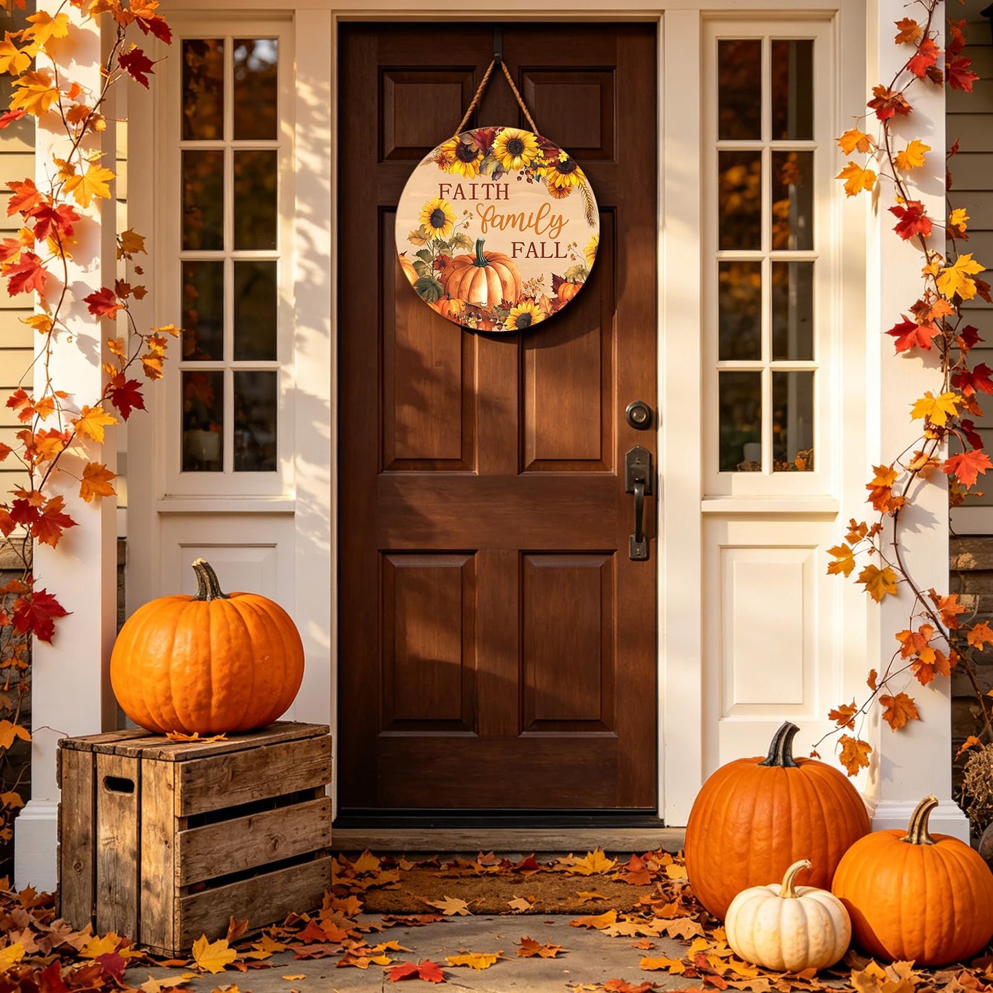 Faith Family Fall Front Door Sign Fall Sunflower Pumpkin Door Decorations Wood Sign Autumn Harvest Wreath Door Hanger Farmhouse Fall Plaques Wall Hanging Decoration for Home Proch Yard 12"x12"