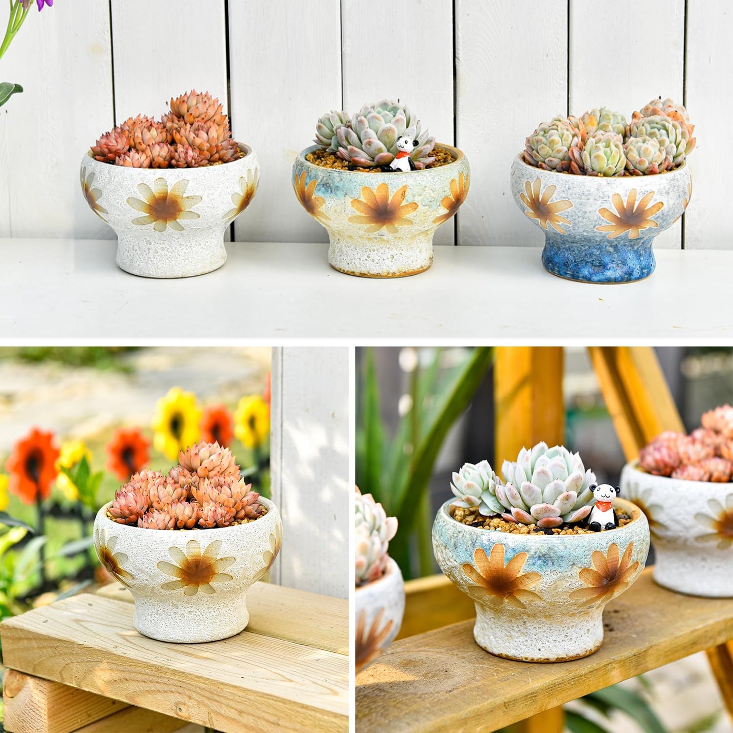 Sungmor Small Succulent Planters Set of 3, Beautiful Hand Crafted Ceramic Plant Pots Cute Cactus Pot, 4.9 Inch Flower Pots for Indoor Plants with Drainage, Desktop Windowsill Home Office Decor Pots