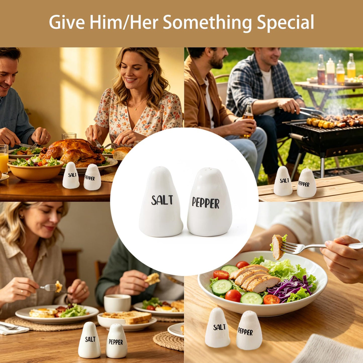 YumiPLUS Ceramic Salt and Pepper Shakers Set of 2, Small Porcelain Seasoning Jars, Mini White Spice Shakers for travel/BBQ/salad/beef, Unique Farmhouse style Kitchen Decor, Cute Housewarming gift