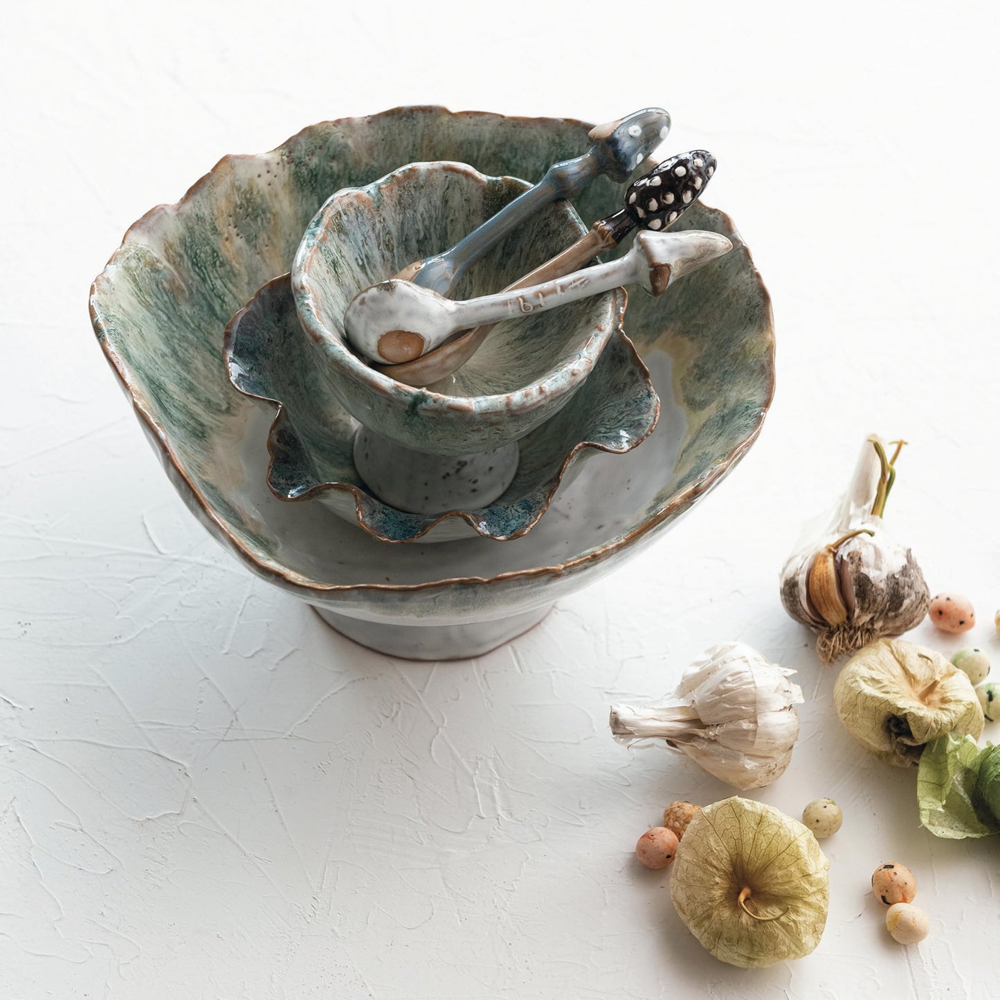 Creative Co-Op Large Stoneware Footed Bowl with Speckled Glaze, Green and Brown