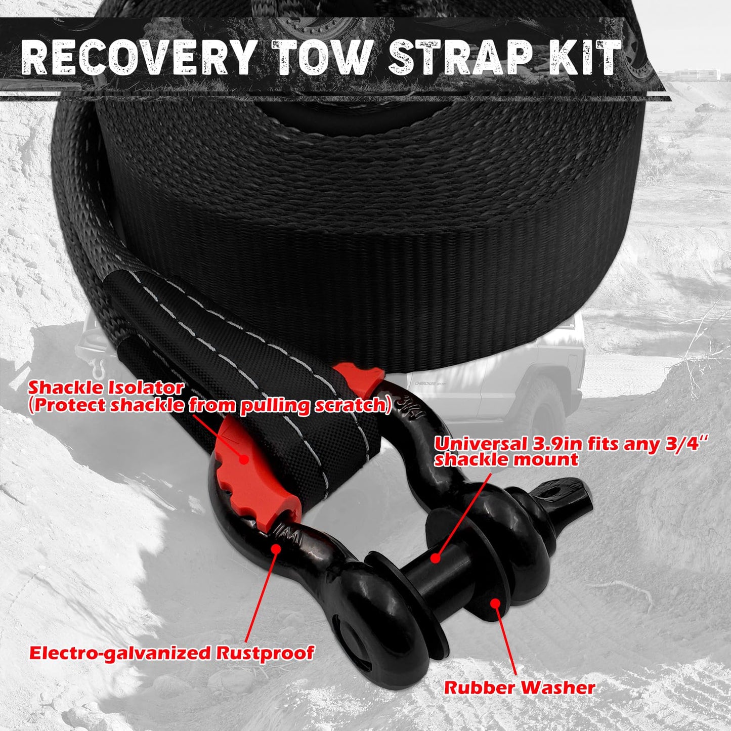 Handfly Offroad Recovery Kit, Tree Saver Tow Strap 3'' × 8ft Recovery Strap, 1pcs Hitch Receiver, 2pcs 3/4" D-Ring Shackles with Storage Bag for Truck Jeep SUV ATV