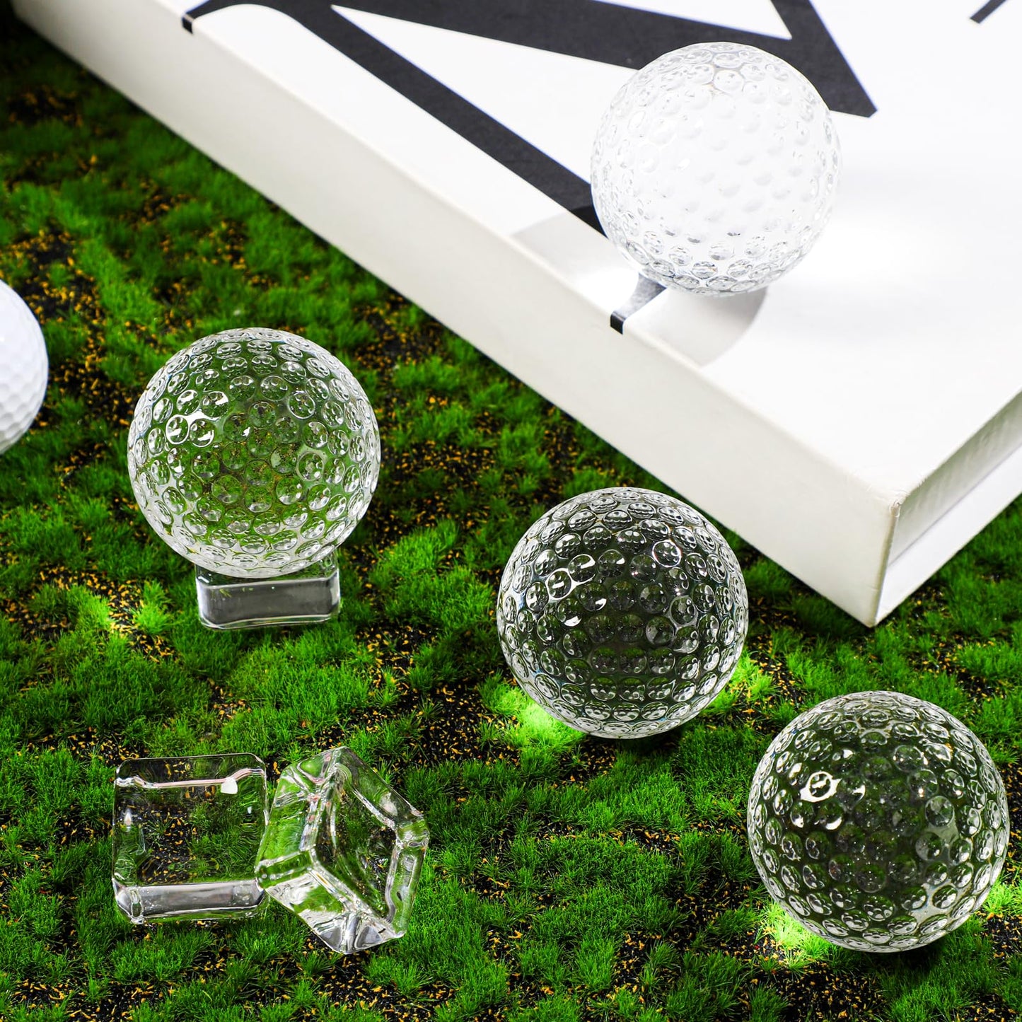 Landical 6 Pcs Crystal Glass Golf Ball Trophy with Display Stand Base for Sports Tournament Awards Crystal Golf Ball Trophy with Stand Team Prizes Statue for Retirement Gifts