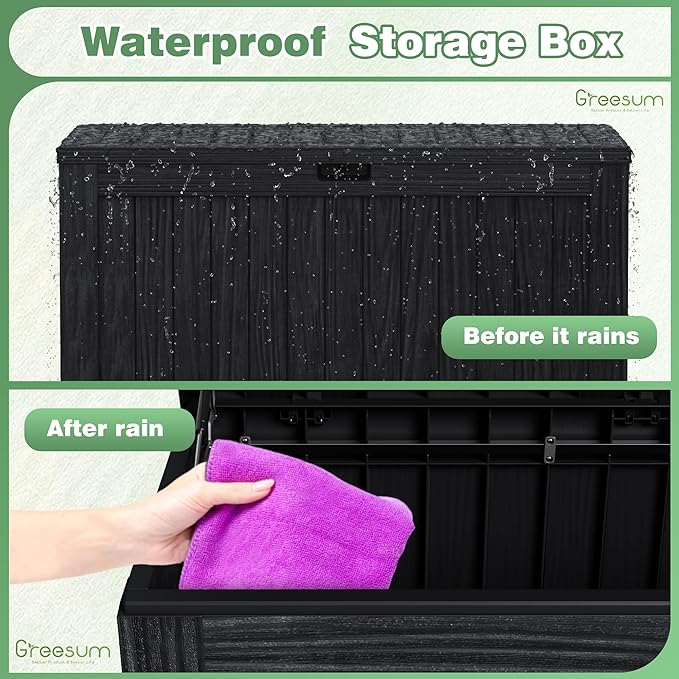 Greesum Outdoor Storage Box 120 Gallon Storage Bin with Lid for Patio Furniture, Garden Tools, Pool Supplies, Lockable, Waterproof and UV Resistant, Black