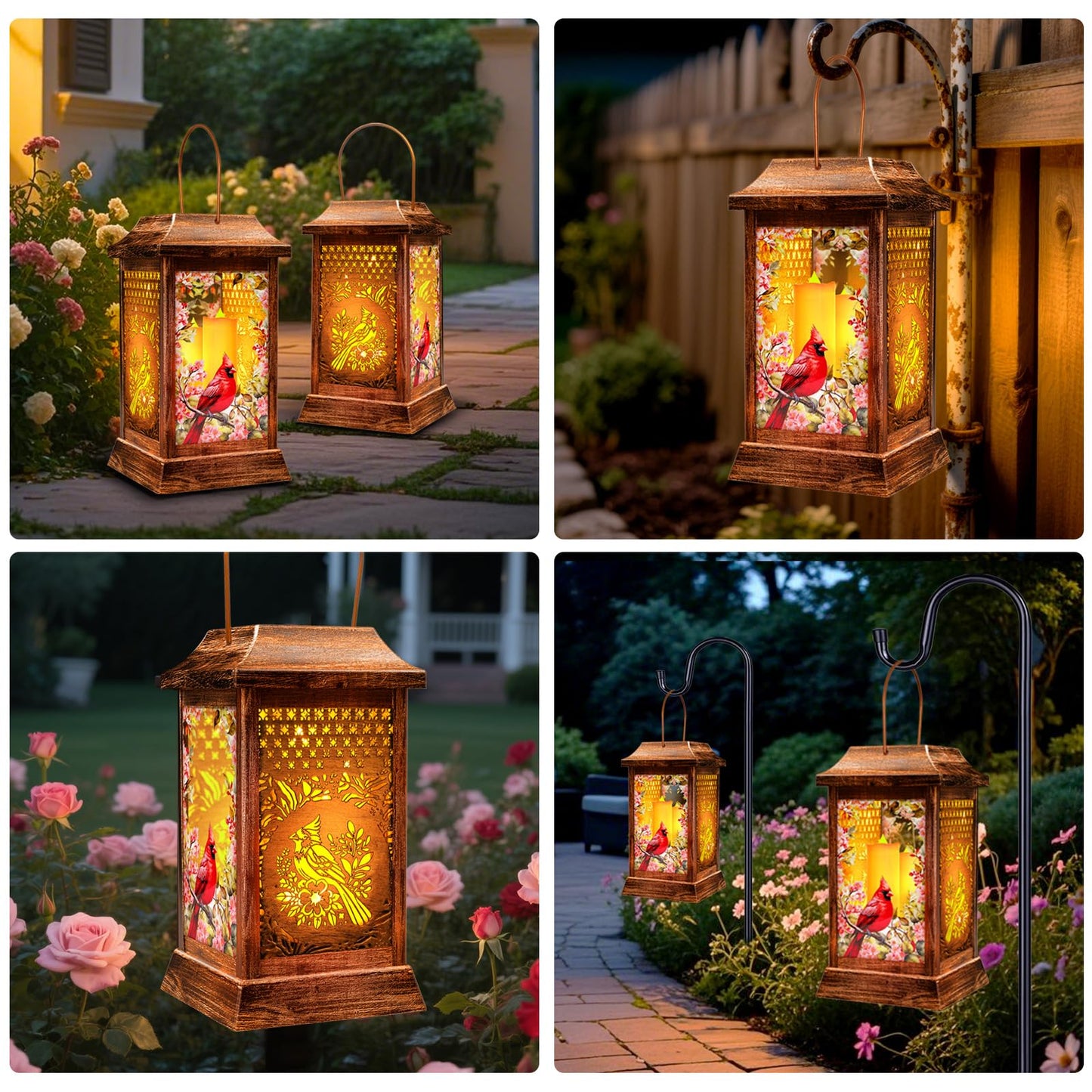 Cardinal Solar Lanterns Outdoor Hanging Lanterns, Metal Glass Garden Decor Solar Lights, Gifts for Women Mom Birthday Grandma Mothers Day, Waterproof Decorative Lantern for Outside Patio Yard