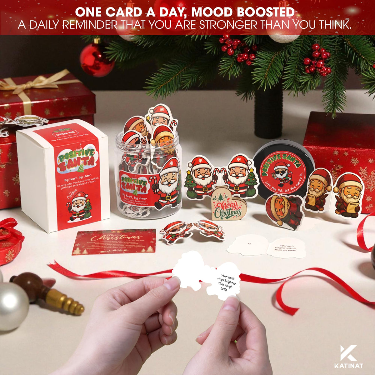Positive Santa Jar – 60 Funny Emotional Support Christmas Affirmation Cards, Stocking Stuffer, Cute Desk Home Decor for Women, Men, Teens, Teachers & Coworkers