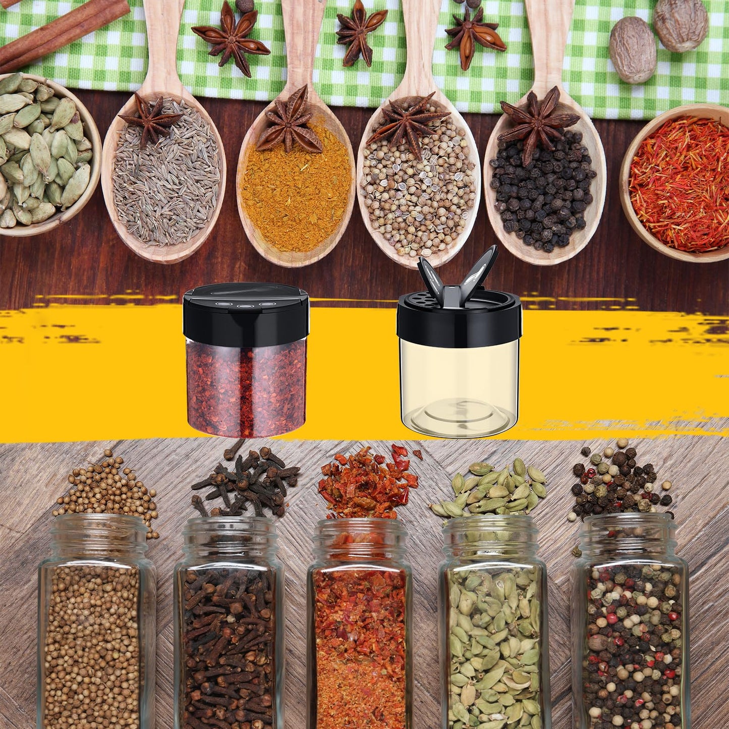 Yiyiring 50 Pack 4.7 oz Plastic Spice Jars with Black Cap Empty Clear Plastic Spice Bottle Containers Reusable Seasoning Jars with Shaker Lids for Kitchen Storing and Dispensing Salt Powders