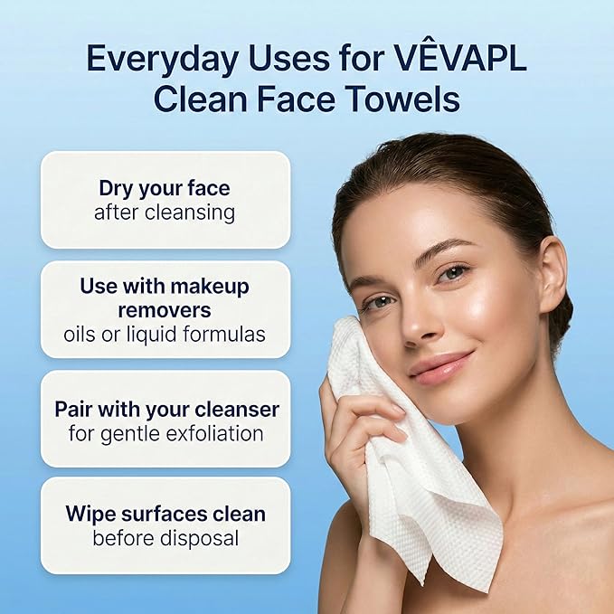 VÊVAPL® - VEVAPL Clean Facial Towels XL – 60 Towels | 100% Viscose, Disposable