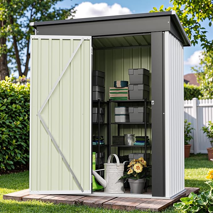 Patiowell 5x3 FT Outdoor Storage Shed, Garden Tool Shed with Sloping Roof and Lockable Door, Metal Shed for Backyard Garden Patio Lawn, White