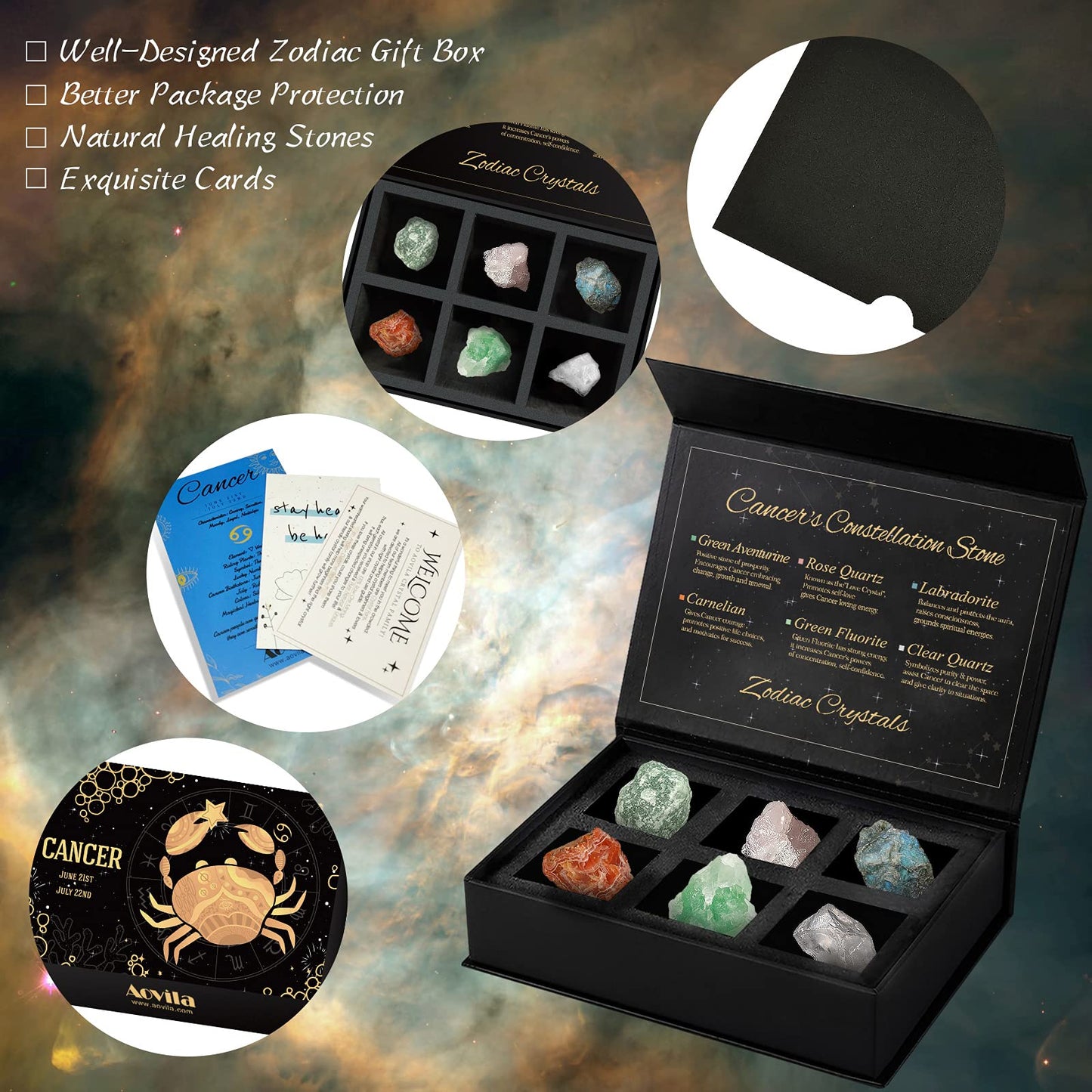 Aovila Cancer Crystals Gift Set, Zodiac Signs Healing Crystals Birthstones with Horoscope Box Set Cancer Astrology Crystals Healing Stones Gifts