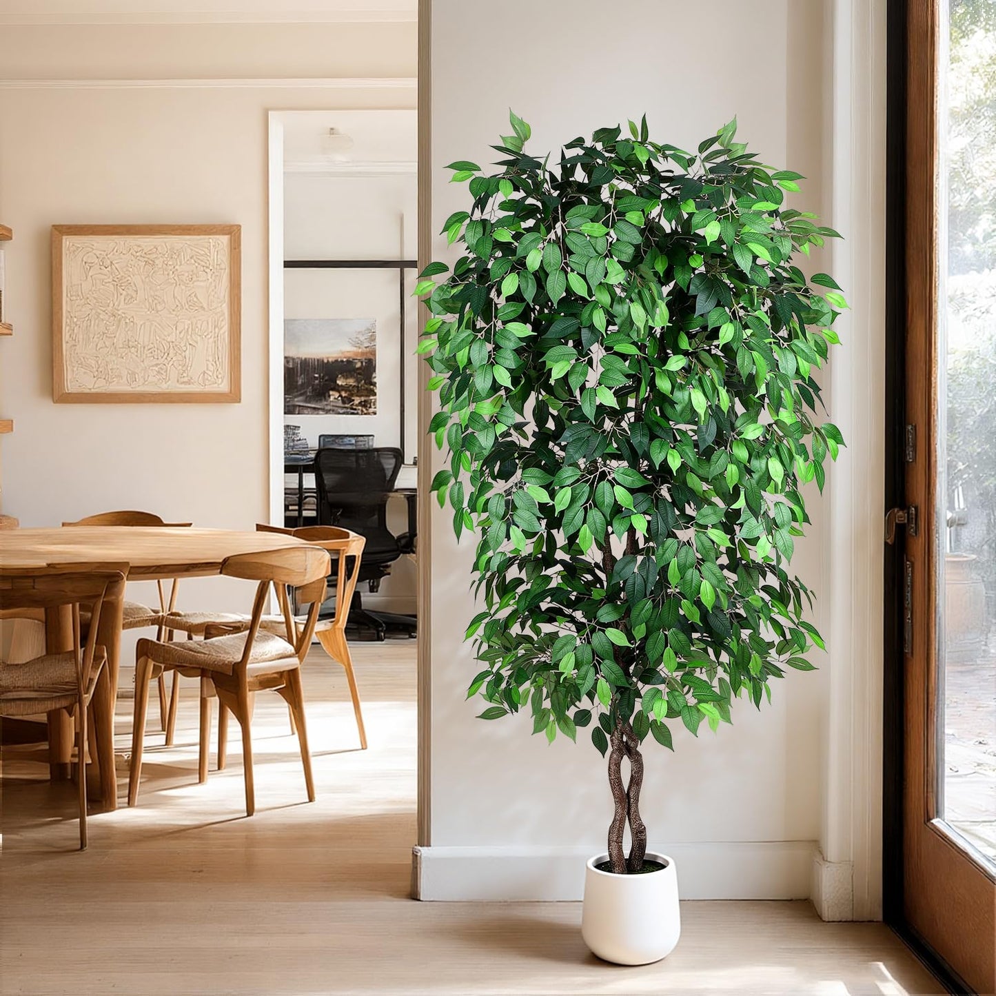 Jocoevol 7FT Artificial Ficus Tree, Tall Faux Trees Indoor with White Planter, Dried Moss, Natural Silk Leaves & Trunk, Fake Plants for Home Living Room Office Corner Decor Housewarming Gift