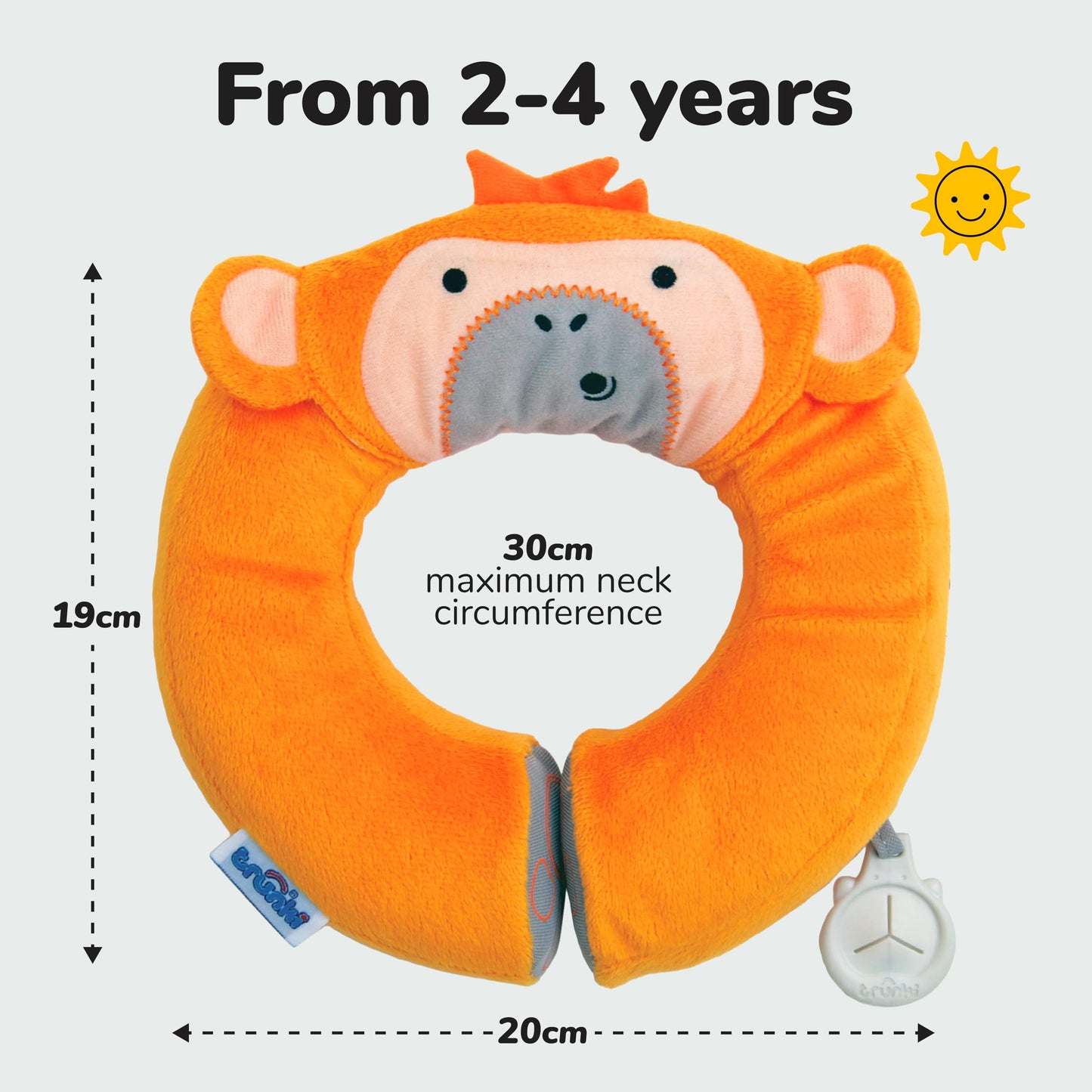 Trunki Kid's Travel Neck Pillow And Chin Rest | Support Sleepy Heads in the Car Seat, Plane, Bike or Pram | Yondi Small Mylo Monkey (Orange)