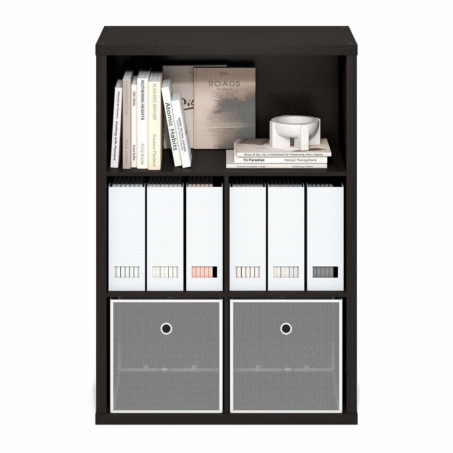 Furinno Cubicle Book Shelf, 5-Cube Bookshelf, Extra Thick Frame Cube Storage Organizer Bookcase with Closed Back, 15.3 x 29.9 x 43.3, for Living Room, Bedroom, Home Office, Black Dark Oak