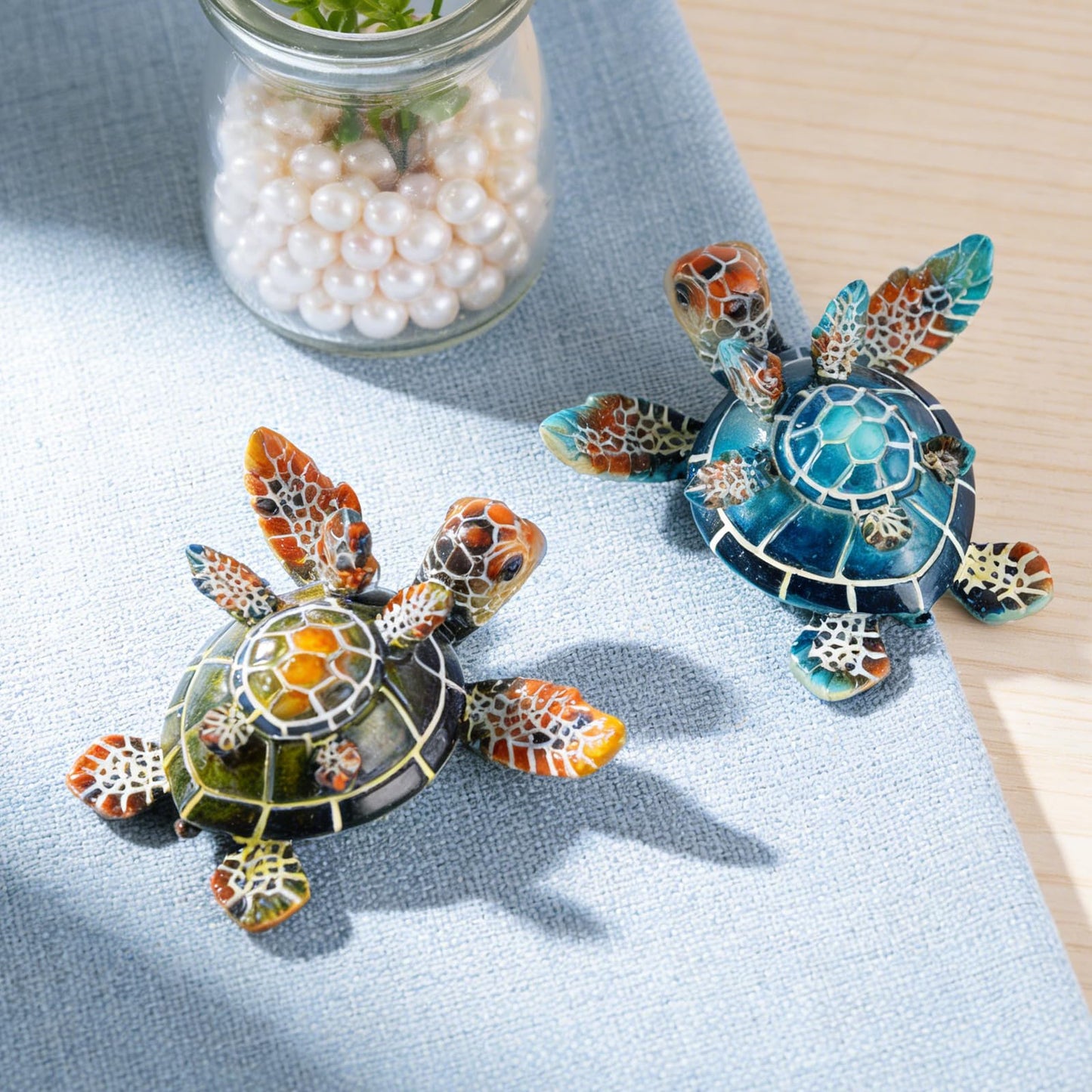 Brizoria Sea Turtle Ocean Decor Coastal Resin Figurines Green Beach Themed Room Decor Textured Shell and Flippers for Shelf Tabletop Bathroom Bedroom Office, Green