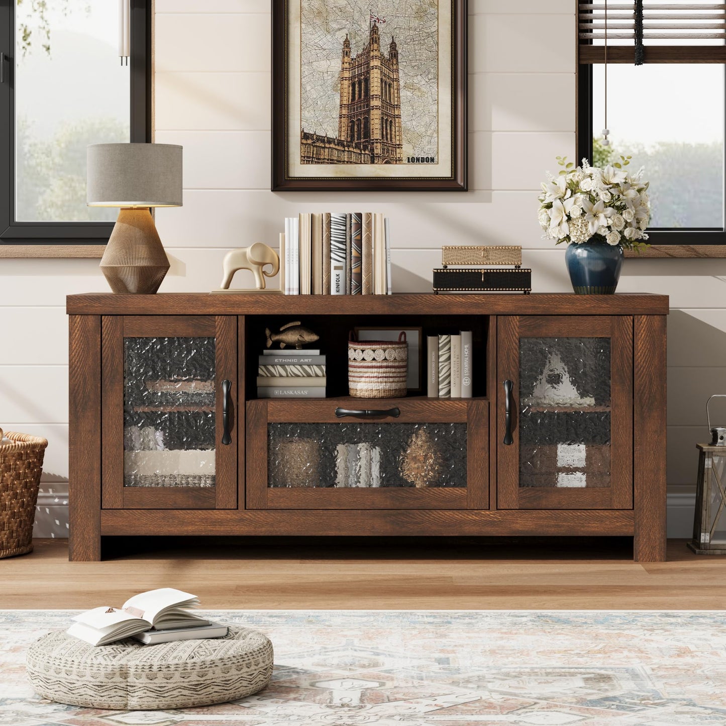 IDEALHOUSE TV Stand for 65 Inch TV, Farmhouse Entertainment Center with Acrylic Door Storage Cabinet & Adjustable Shelves, Rustic TV Console Table for Living Room Bedroom, Brown