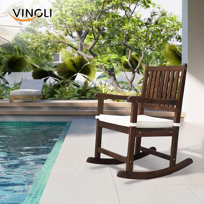 VINGLI Outdoor Rocking Chair, Weatherproof Rocker with Cushion, Wooden Rocking Bench Support 450 LBS for Patio, Yard, Garden, Outdoor or Indoors, Rustic