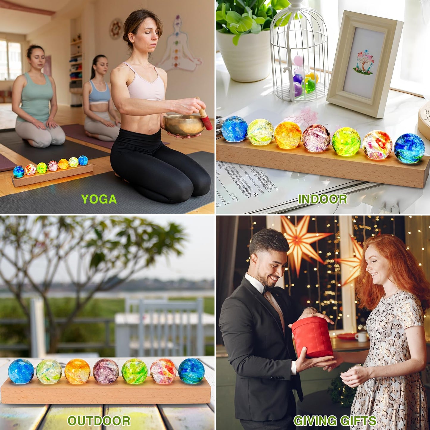 Dokscdlo 7 Chakra Natural Healing Spheres with LED Wooden Stand 40mm Crystal Quartz Stones for Meditation Attracts Lucky Night Light Decoration Balls Set for Home Office