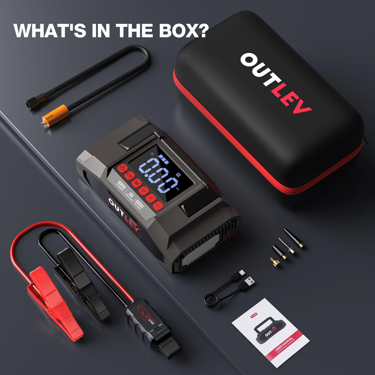 OUTLEV Jump Starter with Air Compressor for All Gas & 10.0L Diesel Engines, 6000A Jump Starter Battery Pack, Portable Power Bank, Safety Protection, Self-Driving Tour Essential