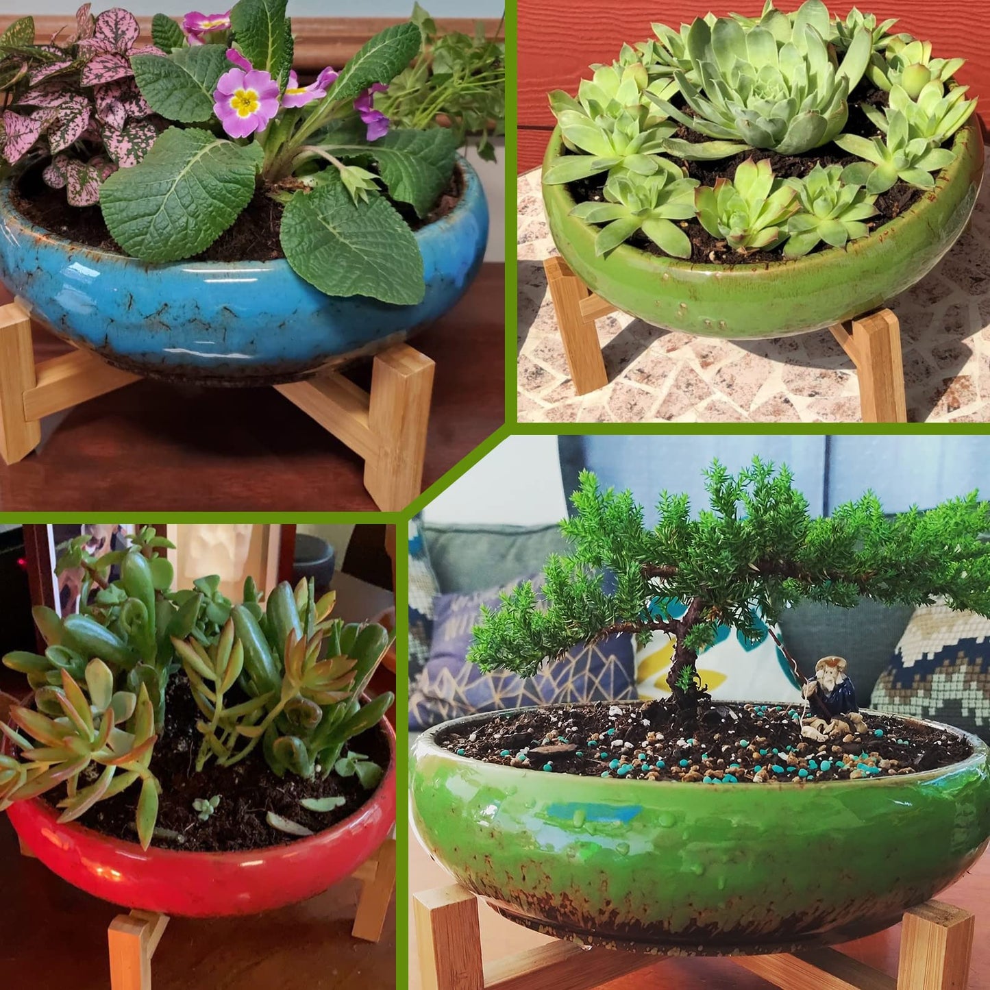 ARTKETTY Succulent Pots - 7.3/10 Inch Large Plant Pot Set of 2, Ceramic Bonsai Pot with Drainage Tray Shallow Planters for Indoor Succulents Glazed Cactus Flower Plant Container