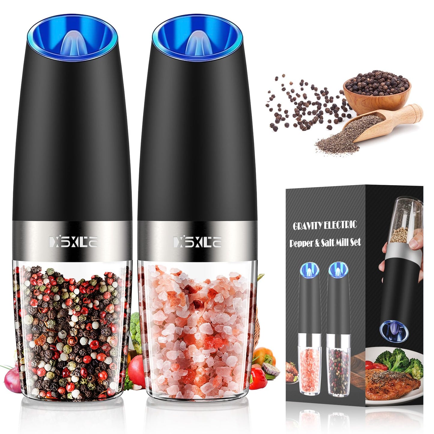 XinXu Gravity Automatic Electric Pepper and Salt Grinder, Auto Salt or Pepper Mill Shaker Stainless Steel,Blue LED Light,One Hand Operated, Black