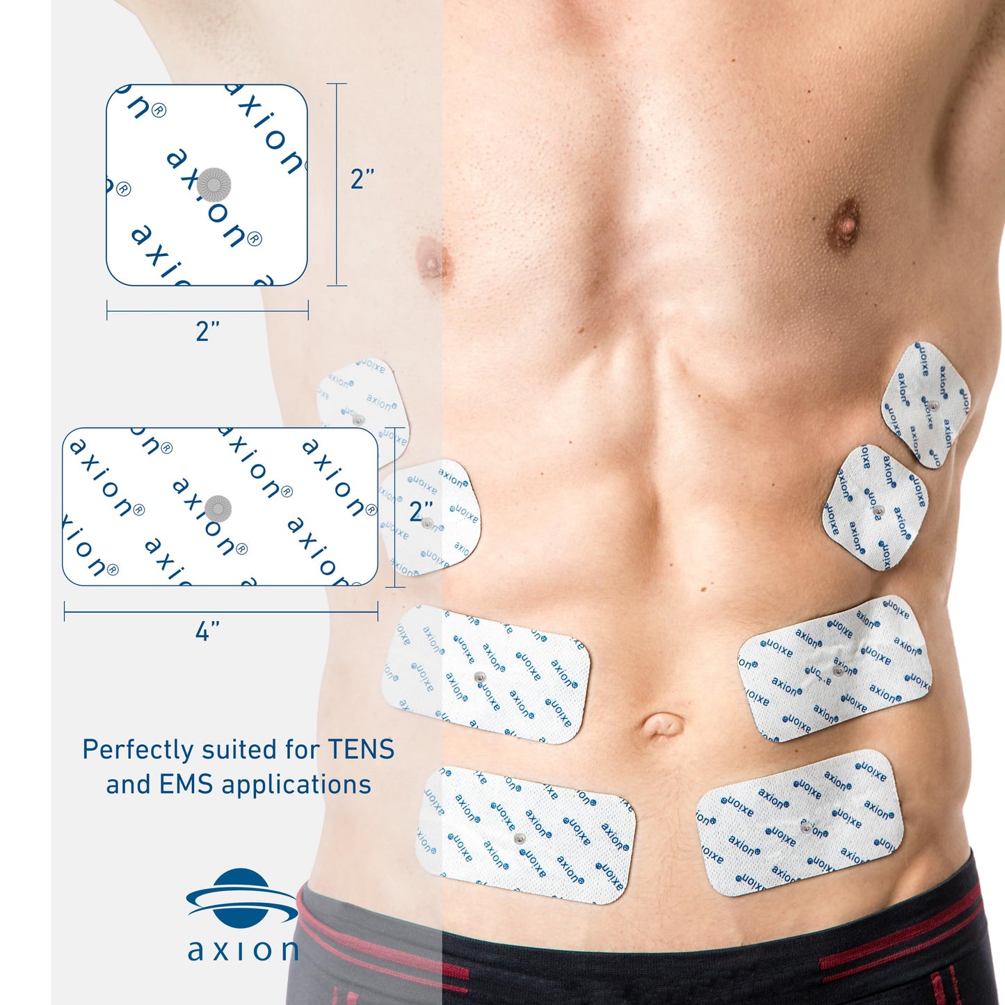 12 axion TENS Unit Electrode Pads Mix Set - 8 Square 2x2'' and 4 Rectangular 4x2'' Replacement Pads with 3,5mm Snap Button for TENS Machines and Muscle Stimulators | Reusable Self-Adhesive Electrodes